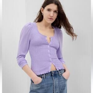 GAP Women XS Button Front Top Purple Smocked Bodice Long Sleeve Crop Slim New